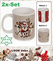 2 Teepott Advent-Weihnachten-Crazy-Santa-Rentier Tassen Steingut Beige ca 9,5x5