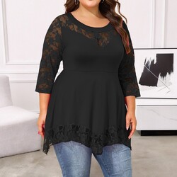 Übergröße Damen Spitze Langarm Tunika Elegant Bluse Hemd T-Shirt Oberteile Tops