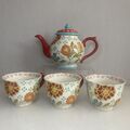 Niederländisches Wachs Teekanne & 3 Tassen Becher Keramik bemalte Blumen Küstenlinie Importe