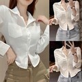 Damen Relaxed Fit Freizeit Top mit Ziernähten Revers und langen Ärmeln