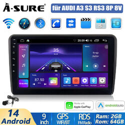 9" 64G Android 14 Autoradio Carplay RDS DSP FM GPS Navi für AUDI A3 S3 RS3 8P 8V