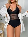 Badeanzug mit Kontrast Netzstoff Band hinten Neckholder Bikini Sommer Schwimmanz
