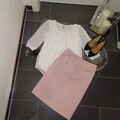 Neu Set Outfit S 36 38 luxus Edelrock Business zartrosa Chiffonbluse weiß Top