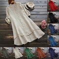 Damen Knopf T-Shirt Longbluse Freizeit Baggy Oberteile Langarm Longshirt Tunika