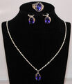 Schmuckset Damen Ohrringe, Kette, Ring mit blauem Kristall Oval Silber 3 tlg. 