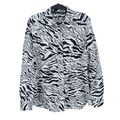 M&S Pure Leinen Shirt schwarz Mix Tierdruck langarm geknöpft Größe 12 Bluse