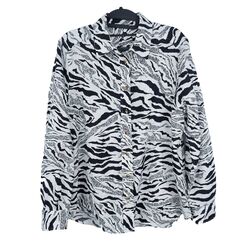 M&S Pure Leinen Shirt schwarz Mix Tierdruck langarm geknöpft Größe 12 Bluse