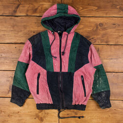 Vintage Leather Jacket M 80s Patchwork Hooded Pink Womens Zip