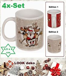 4 Teepott Advent-Weihnachten-Crazy-Santa-Rentier Tassen Steingut Beige 9,5x8,5cm