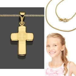 Kinder Kommunion † Konfirmation Damen Kreuz Anhänger Gold 585 (14Kt) + AMD Kette