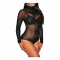 Langarm-Trikot Oberteil Body Damen Frauen Rollkragen durchsichtig Netz UK