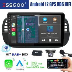 2+32G Carplay Android 12 Autoradio DAB+ GPS RDS MIK +Kam Für Fiat 500 2007-2015