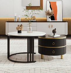 Rund Couchtisch 2er Set Beistelltisch Kaffeetisch Marmoroptik mit 2 Schubladen