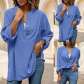 Damen Knopf Freizeit Longshirt V-Neck Langarm Tunika Oberteile Herbst Shirt Hemd