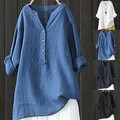 Übergröße Damen Lose Longshirt Langarm Knopf V-Neck Bluse Hemd Tunika Oberteile