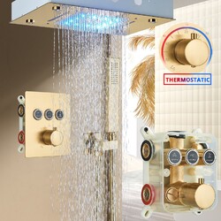 Thermostat Unterputz Duscharmatur Set LED Gold Regendusche Brause System iBox