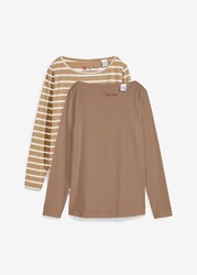 2er Pack Langarmshirt mit U-Boot-Ausschnitt Gr. 48/50 Cappuccino Taupe Weiß Neu