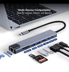 USB-C Hub 8-IN-1 Adapter 4K HDMI USB 3.0 LAN RJ45 Ethernet Micro SD Kartenleser