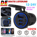 12V QC 3.0 PD USB Auto KFZ Steckdose Dual USB Ladegerät Buchse Dose KFZ Einbau