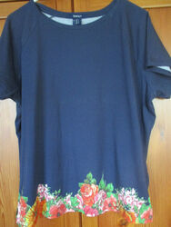 Gant Shirt Damen blau Rundhals Kurzarm Baumwolle L (42) mit Blumen Bordüre Top