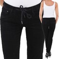 Damen Hüft Stretch Samt Look Cord Hose mit Tunnelzug Schwarz Jeans