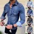 Modisches Herren Langarm Jeans Hemd Slim Fit Oberteile mit Druckknopf