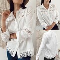 Damen Elegant Spitze Langarmshirt Knopf Freizeit Blusehemd Herbst Oberteile Tops