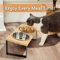 Erhöhte Futterstation aus Holz | 15° Neigung | Doppelnapf aus Edelstahl | Katzen