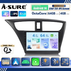 DAB+ 4+64G Android 14 Autoradio Carplay FM/AM RDS DSP Für Honda Civic IX 2012-17