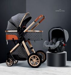 Kinderwagen 3in1 Neu, komplettset incl. Babywanne Buggy Babyschale, Grey-Gold 