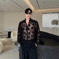 Herren Schwul Jacquard Netz Durchsichtige Hemd Knöpfe Bluse Blumen Top Club Lace