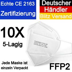 10 x FFP2 Maske 5 Lagig Atemschutzmaske Mundschutz CE zertifiziert Mund 10 S.