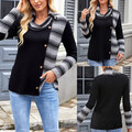 Damen Langarm Freizeit Tunika Bluse Stapelkragen Farbblock Oberteile Top Hemd DE