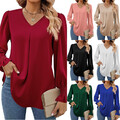 Lockeres Langarm-T-Shirt Für Damen Oberteil Mit V-Ausschnitt Einfarbig C8