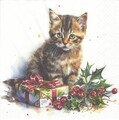 1 Lunch Papier Serviette Napkin (RS-95) kleine Katze mit Geschenk - Weihnachten