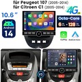 10.6" Autoradio 6+128G Für Citroen C1 Peugeot 107 4G Android 14 GPS Navi WIFI BT