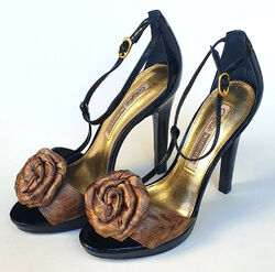Buffalo Flowers High Heels Riemchen Sandalette Lackleder schwarz/gold, EU Gr. 38
