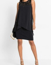 Kleid aus Chiffon und Spitze Gr 32/34 Schwarz Mini-Abend-Party-Cocktailkleid Neu