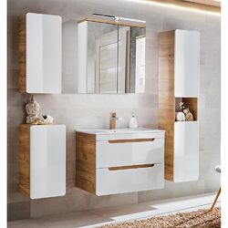 Badmöbel Set weiß Eiche 81 cm Keramik Waschtisch LED Spiegelschrank Hochschrank