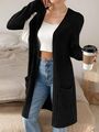 Damen Longstrickjacke Open Front Cardigan Casual Langarm Strickpullover m.Tasche