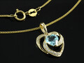 585 Goldkette mit kleinem Herz Diamant  Blautopas Anhänger 14 x 12mm