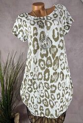 NEU  Two Face LEINEN Tunika KLEID Italy LEO Muster WEIß KHAKI 36 38 40