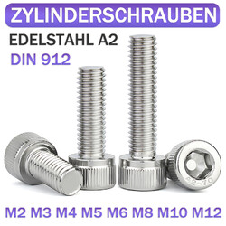 Zylinderschrauben DIN 912 M3 M4 M5 M6 M8 M10 M12 Edelstahl A2 VA Innensechskant