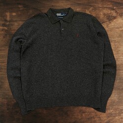 Vintage Polo Ralph Lauren Pullover Herren Large Grau Lammwolle Langarm Polo