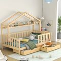 Kinderbett 90x200cm mit Rausfallschutz und 2 Schubladen Hausbett Holzbett Natur