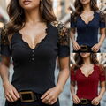 Sexy Damen Spitze T-Shirt Oberteile V-Neck Kurzarm Bluse Sommertop Slim Hemd Top