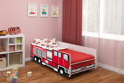 ACMA Kinderbett Auto-Bett Feuerwehr mit Rausfallschutz, Lattenrost und Matratze