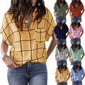 Sommer Damen Plaid T-Shirt V-Ausschnitt Casual Plaid Shirts Tops Bluse Us ≌