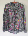 Bluse schwarz weiß gestreift mit bunten Blumen 36 38 S 100% Viskose