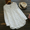 Dame Weiß Spitze Langarm Hemd Bluse Shirt Freizeit Besticktes Tunika Top Neu/